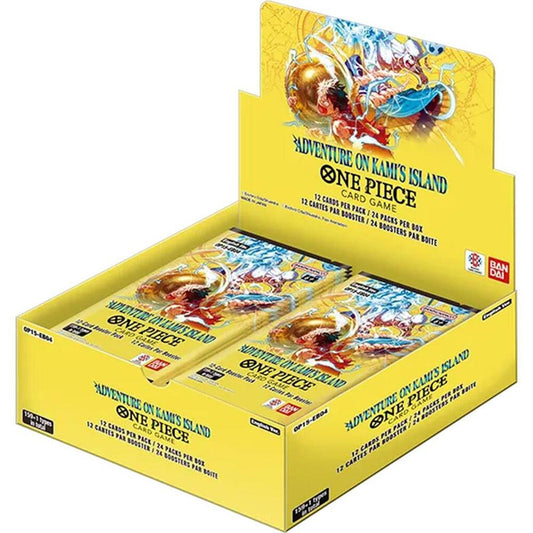 A One Piece Adventure on Kamis Island booster box containing twenty-four card packs.
