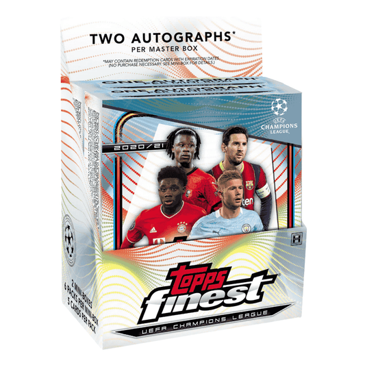 A 2020-21 Topps Finest UEFA Champions League soccer hobby box featuring four star players.