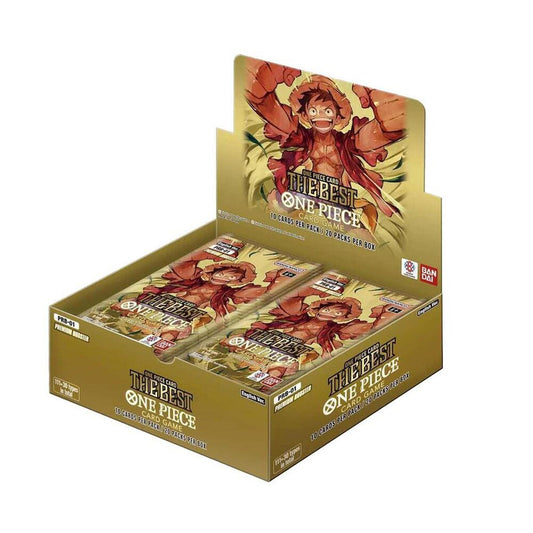 A factory-sealed One Piece The Best Premium Booster Box featuring Luffy on the packaging.