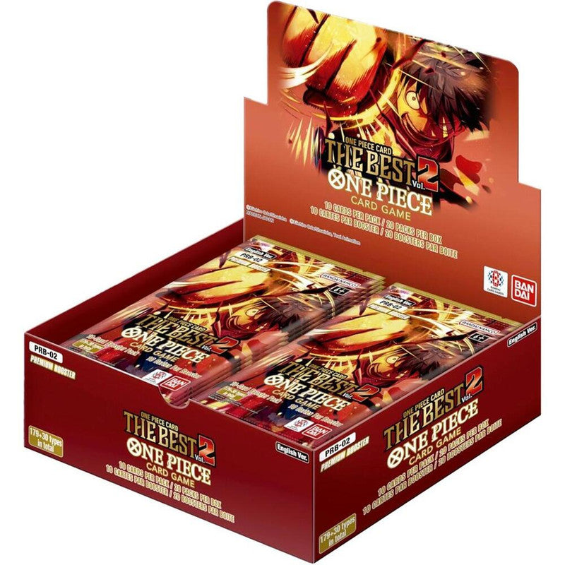 A One Piece The Best Vol.2 Premium Booster Box containing twenty packs of trading cards.