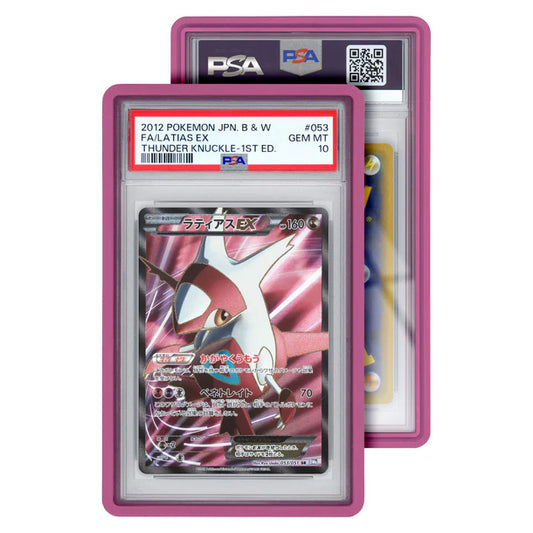 A pink protective case holding a PSA-graded Latias EX Japanese Pokemon card.