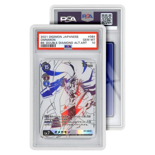 A white GradedGuard protective case holding a PSA-graded Omnimon Digimon trading card.
