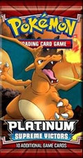 A Pokemon Platinum Supreme Victors booster pack featuring Charizard on the front.