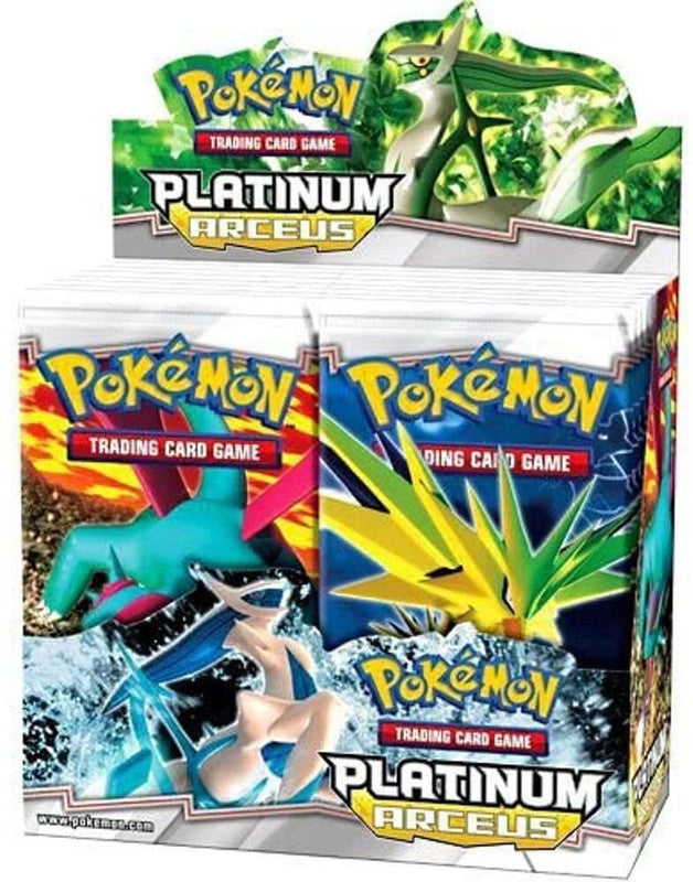A sealed Pokemon Platinum Arceus booster box featuring artwork of Arceus and Zapdos.