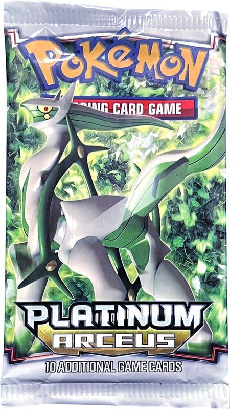 A sealed Pokemon Platinum Arceus booster pack featuring the legendary Pokemon Arceus.