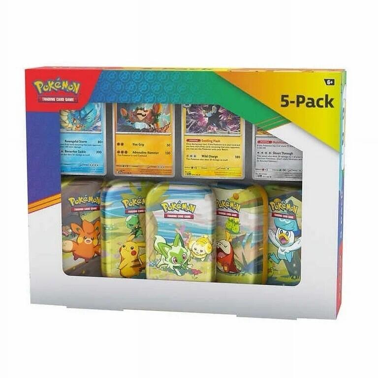 A Paldea Friends Mini Tins 5-pack featuring five colorful tins and four display cards.