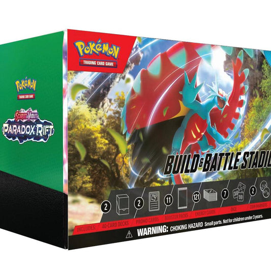 A Pokemon Trading Card Game Paradox Rift Build and Battle Stadium box set.
