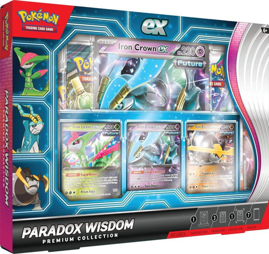 The Paradox Wisdom Premium Collection box features three Future Pokémon ex promo cards.