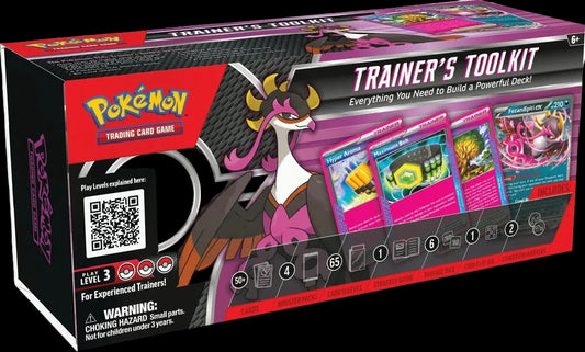 A Pokemon TCG Trainer's Toolkit box featuring Fezandipiti ex and various game accessories.