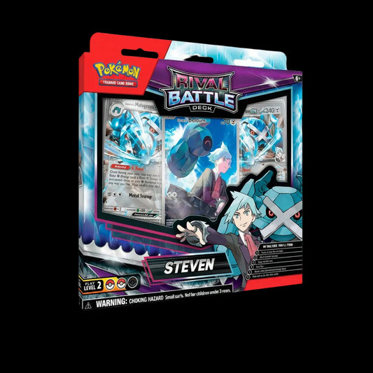 A Pokemon Rival Battle Deck featuring Steven Stone and his Metagross themed cards.