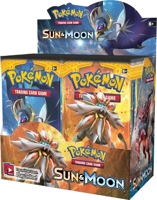 A sealed Pokemon Sun and Moon booster box featuring Solgaleo and Lunala artwork.