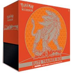 A Pokemon Sun and Moon Elite Trainer Box featuring Solgaleo artwork on an orange background.