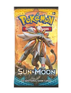 A Pokemon Sun and Moon booster pack featuring the legendary Pokemon Solgaleo on the front.