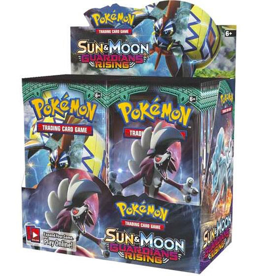 A sealed Pokemon Sun and Moon Guardians Rising booster box featuring Lycanroc and Tapu Koko.