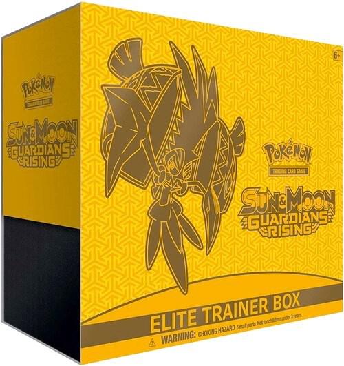 A yellow Pokemon Sun and Moon Guardians Rising Elite Trainer Box featuring Tapu Koko.