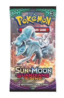 A Pokemon Sun and Moon Guardians Rising booster pack featuring Alolan Ninetales on the front.