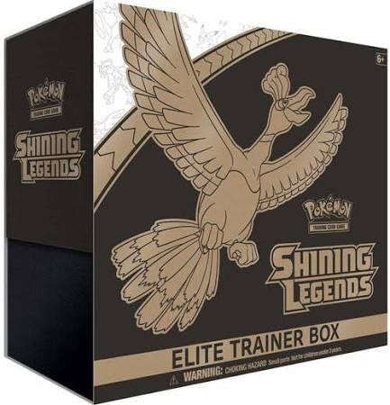 A black Pokemon Shining Legends Elite Trainer Box featuring a gold illustration of Ho-Oh.