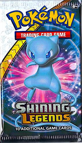 A Pokemon Shining Legends booster pack featuring Mew on the front packaging.
