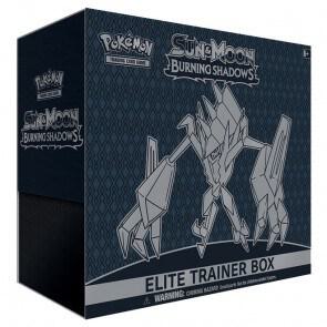 A dark blue Pokemon Burning Shadows Elite Trainer Box featuring Necrozma artwork.
