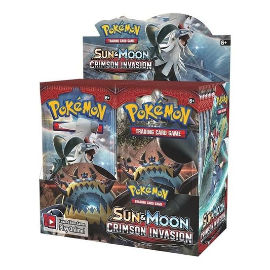 A sealed Pokemon Sun and Moon Crimson Invasion booster box featuring Silvally and Guzzlord artwork.