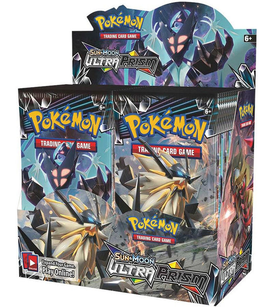 A sealed Pokemon Sun and Moon Ultra Prism booster box featuring Necrozma and Solgaleo artwork.