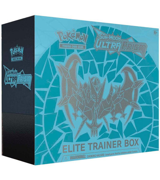 A Pokemon Ultra Prism Elite Trainer Box featuring Dawn Wings Necrozma on a blue geometric background.