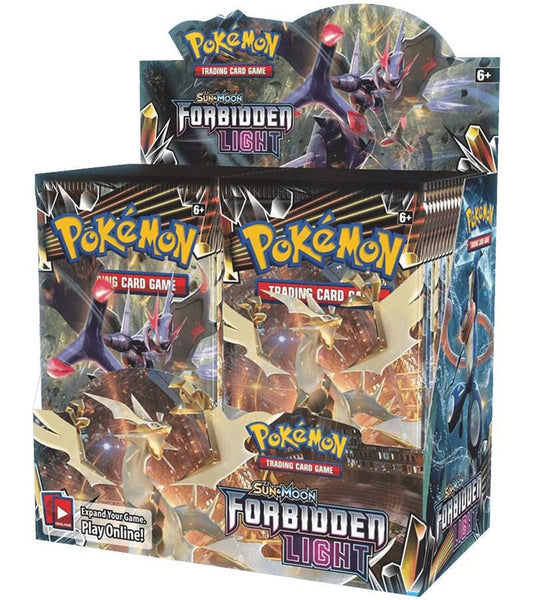 A sealed Pokemon Forbidden Light booster box featuring Ultra Necrozma artwork.