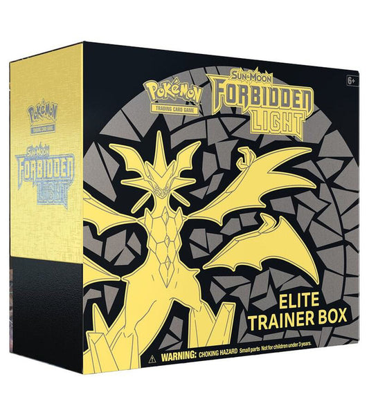 A Pokemon Forbidden Light Elite Trainer Box featuring Ultra Necrozma on the packaging.