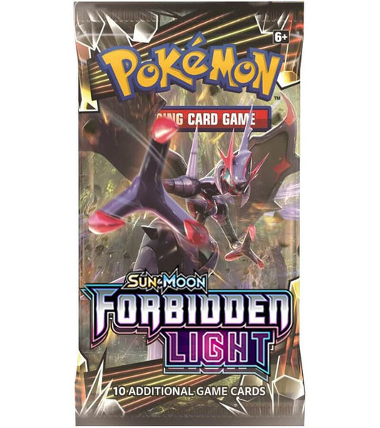 A Pokemon Forbidden Light booster pack featuring Ultra Necrozma on the front.