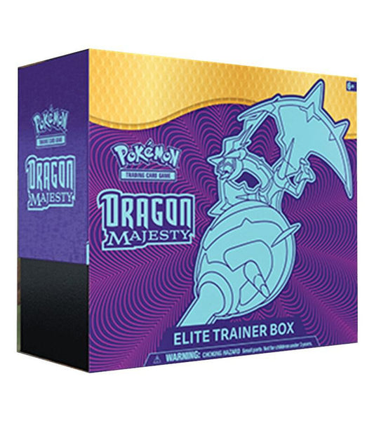 A Pokemon Dragon Majesty Elite Trainer Box featuring Naganadel on the purple and yellow packaging.