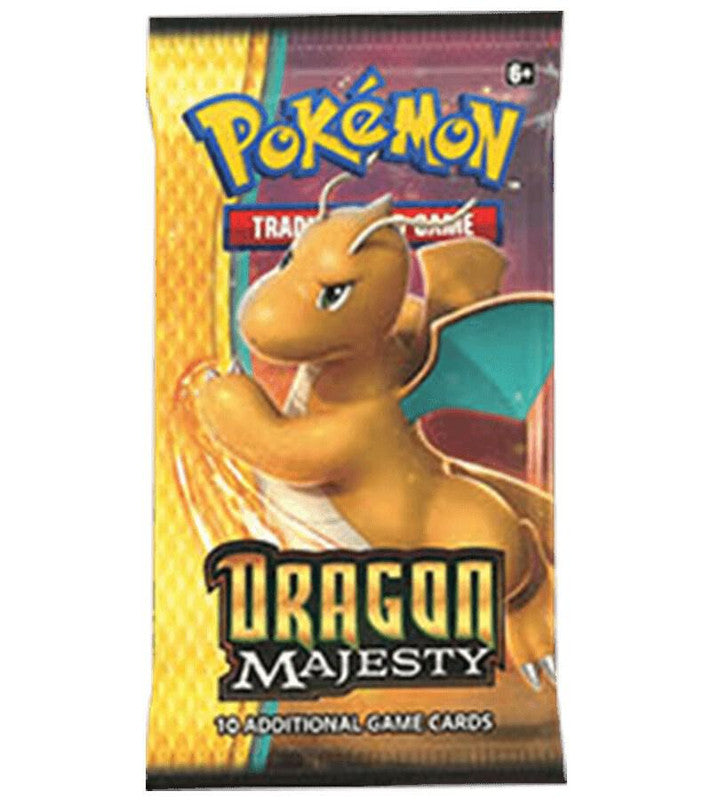 A Dragon Majesty booster pack featuring Dragonite on the front.