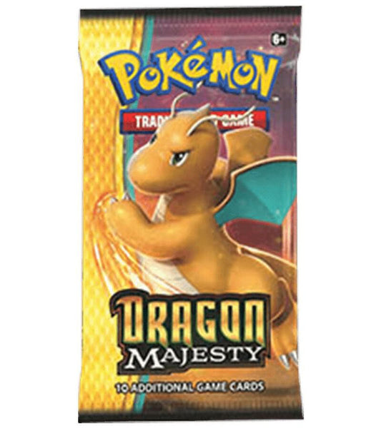A Dragon Majesty booster pack featuring Dragonite on the front.