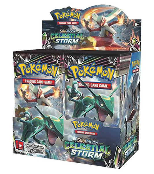 A sealed Pokemon Celestial Storm booster box featuring Rayquaza and Blaziken artwork.
