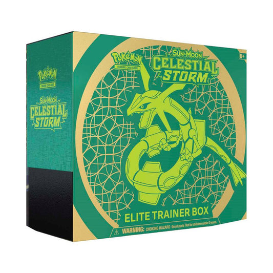 A green and gold Pokemon Celestial Storm Elite Trainer Box featuring Rayquaza on the front.