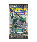 A Pokemon Celestial Storm booster pack featuring Rayquaza on the front.