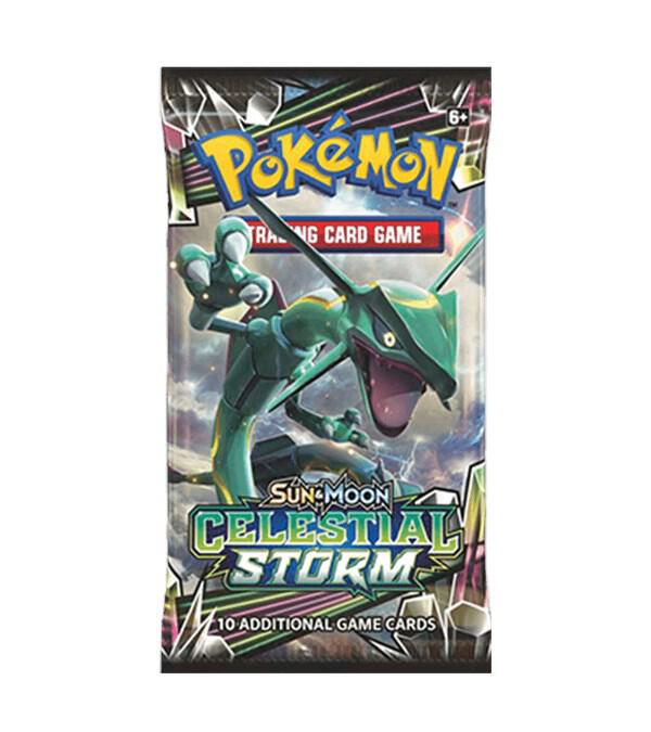 A Pokemon Celestial Storm booster pack featuring Rayquaza on the front.