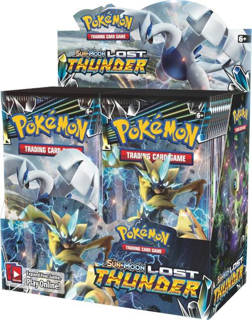 A Pokemon Lost Thunder booster box featuring Lugia and Zeraora artwork on the packaging.