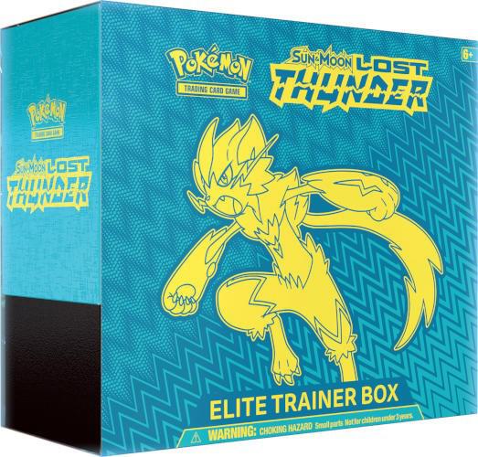 A teal Pokemon Lost Thunder Elite Trainer Box featuring a yellow Zeraora illustration.