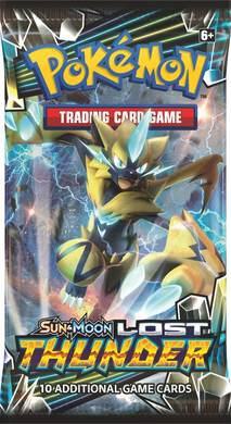 A Pokemon Lost Thunder booster pack featuring Zeraora on the front packaging.