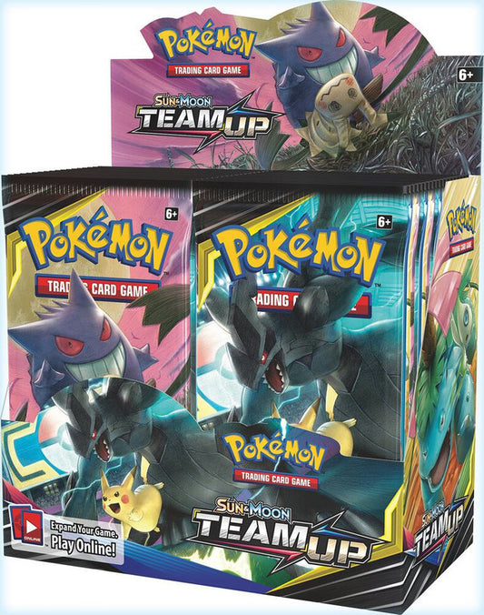 A sealed Pokemon Team Up booster box featuring Gengar, Mimikyu, and Zekrom artwork.