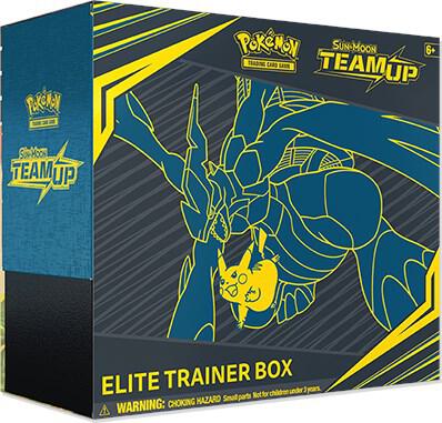 A Pokemon Team Up Elite Trainer Box featuring Pikachu and Zekrom artwork on the packaging.