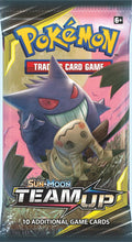 A Pokemon Team Up booster pack featuring Gengar and Mimikyu artwork.