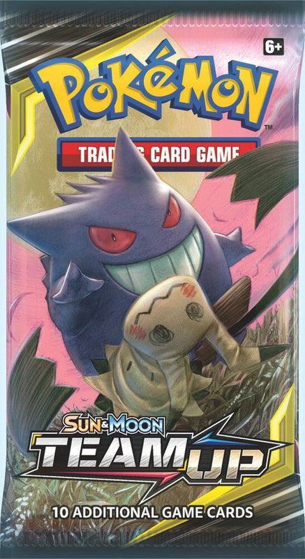 A Pokemon Team Up booster pack featuring Gengar and Mimikyu artwork.