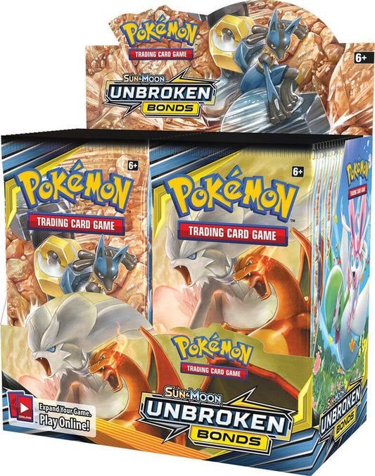 A sealed Pokemon Unbroken Bonds booster box featuring Lucario, Melmetal, and Charizard artwork.