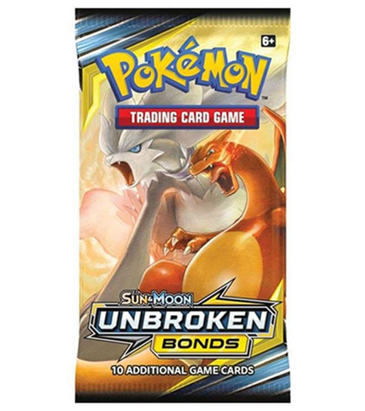 A Pokemon Sun and Moon Unbroken Bonds booster pack featuring Reshiram and Charizard artwork.