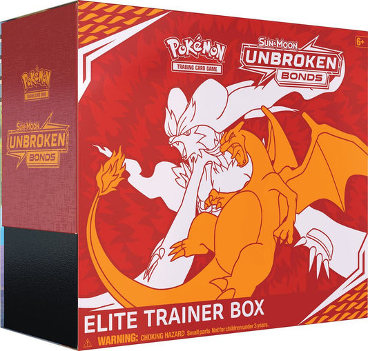 A Pokemon Unbroken Bonds Elite Trainer Box featuring Reshiram and Charizard artwork.