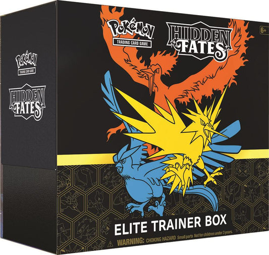 A Pokemon Hidden Fates Elite Trainer Box featuring the legendary bird trio on the front.
