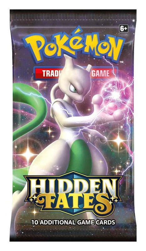 A Pokemon Hidden Fates booster pack featuring Mewtwo on the front.