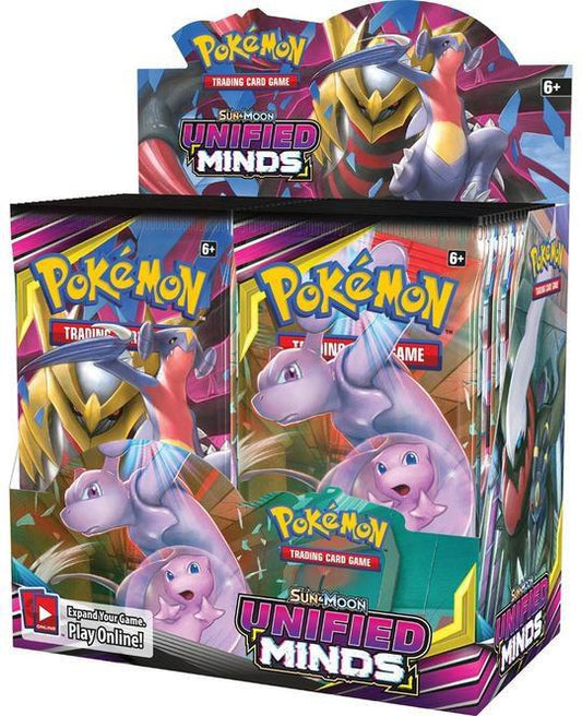 A sealed Pokemon Sun and Moon Unified Minds booster box featuring Mew and Mewtwo artwork.