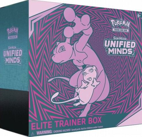 A Pokemon Sun and Moon Unified Minds Elite Trainer Box featuring Mewtwo and Mew artwork.